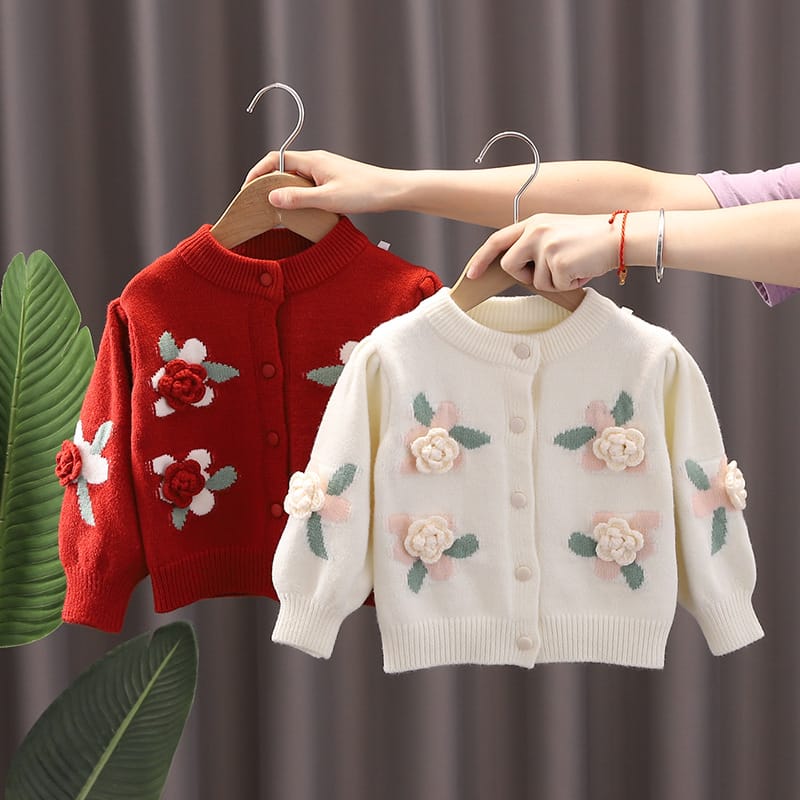 Baby Girls Sweaters Autumn Winter Lovely 3D Flowers Lantern Sleeve Single Breasted Knitted Cardigans Children Knit Outwear Tops