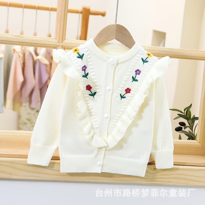 Children's sweater cardigan girl children infants and toddlers wear embroidered small flower round neck long sleeve  new model