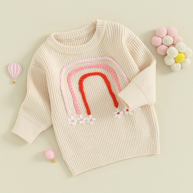 Suefunskry Kids Boy Girl Autumn Winter Sweater, Embroidery Rainbow Flower Pattern Long Sleeve O-Neck Knitwear Pullover Tops