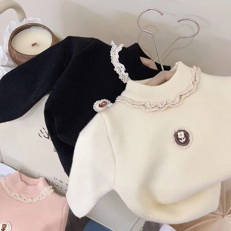 Sweaters Girls Autumn and Winter Plush Thickened Half High Collar Girl Baby Flower Knitted Long Sleeve Pullover Sweater