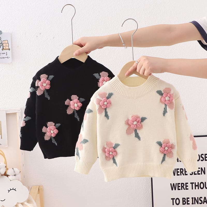 3-8 year old children's clothing autumn  winter new girl cute little flower baby knitted pullover children's sweater base shirt