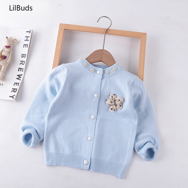 2024 Girls Children Jacket Baby Clothes Cardigan Sweater Bead Flower O-Neck Kids Toddler Coat Outfit Matching Spring Autumn