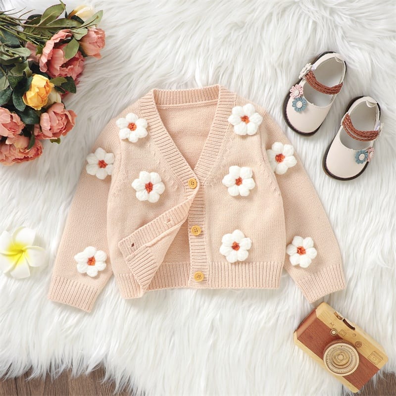 New Baby Girl Cardigan Long Sleeve V Neck Button Closure Flower Winter Warm Knit Sweater Infant Clothes 6 Months-3 Years