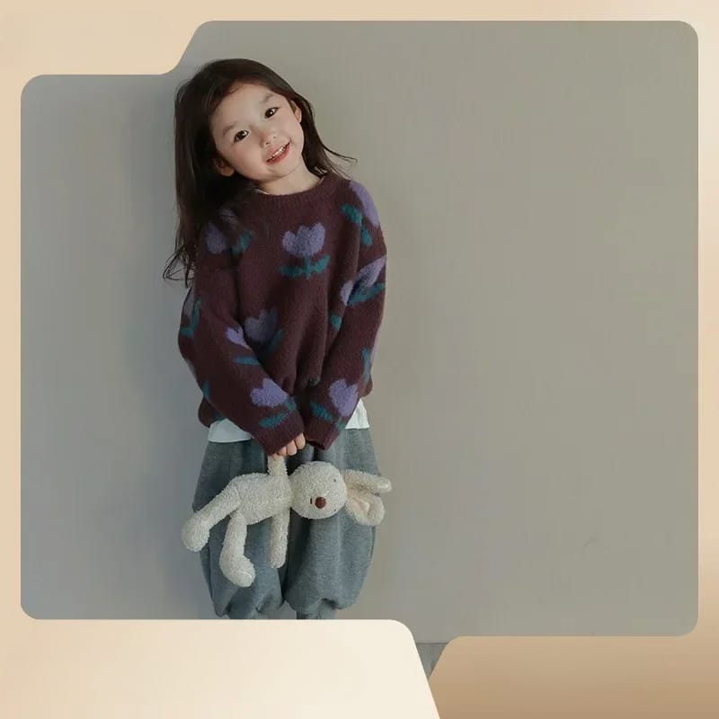 Children Clothing Girls Sweater 2024 Autumn and Winter New Korean Style Tulip Flower Pullover Sweater Fashion Stylish Top