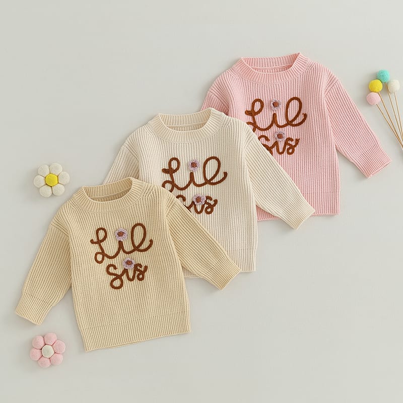 Suefunskry Newborn Baby Girl Boy Knitted Long Sleeve Autumn Winter Sweater Letter Flower Embroidery Loose Pullover Casual Tops