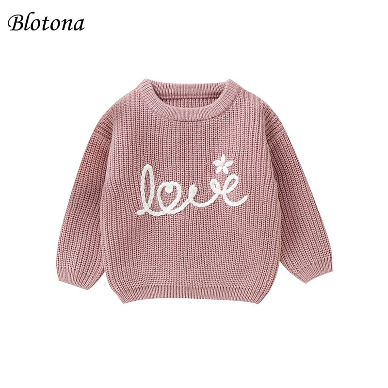 Blotona Toddler Girls Autumn Winter Knitted Sweater Long Sleeve Letter Flower Embroidery Casual Pullover Knitwear Tops