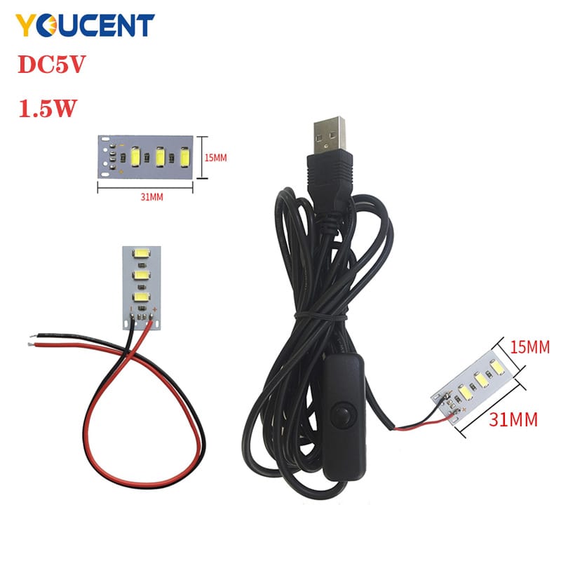 1pcs/5PCS High Brightness 5V LED  Lamp Bead Light Board Bulb 5730 SMD 1.5W  Warm White Light With 2 Meters ON/OFF Switch Line