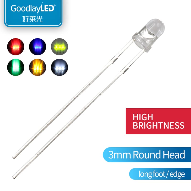 1000pcs 3mm Round With Long Legs LED Light-Emitting Diode Color White Red Blue Green Yellow Directly Inserted