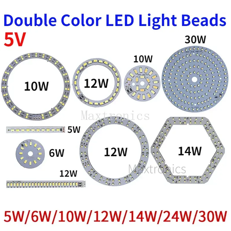 Hot Sell 5Pcs DC5V Double Color LED Chip Dimmable 5/6/10/12/14/30W LED Light Beads White/WarmWhite Surface Light Source SMD5730