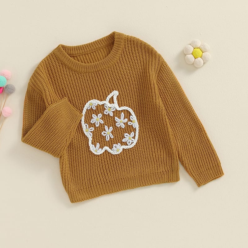 Suefunskry Baby Girl Boy Knitted Sweater Cute Flower Pumpkin Embroidery Crew Neck Long Sleeve Pullover Tops for Fall Winter