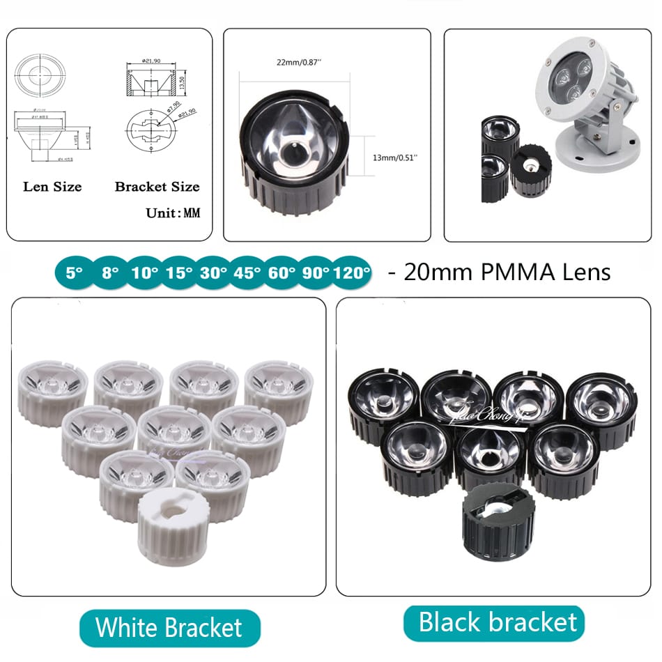 10set High Power 1W 3W 5W LED Lens 20MM PMMA Lenses With Bracket 5 8 15 25 30 45 60 90 120 Degree For 1 3 5 Watt Light Beads