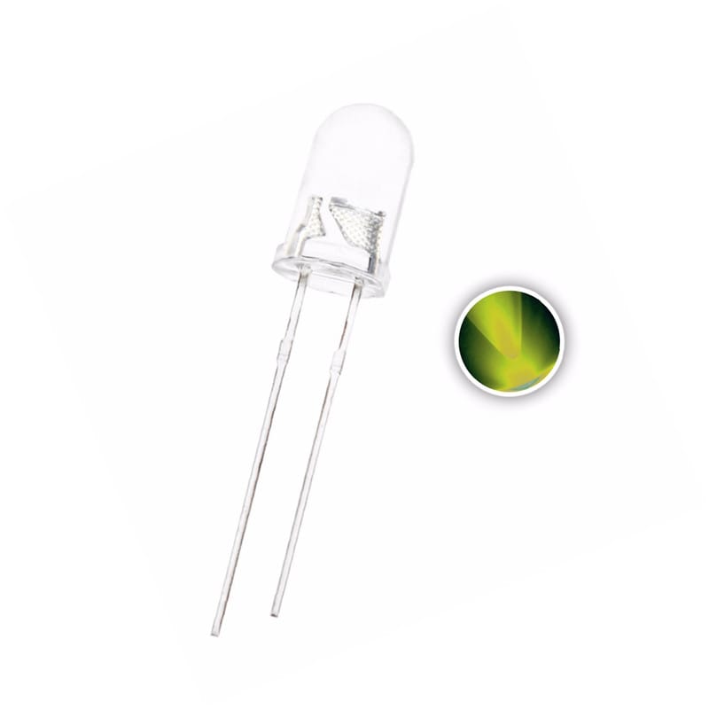 100PCS,  5MM Yellow Green LED, Water Clear, Round Head, 20mA 2V, F5 DIP Light Beads Lamp