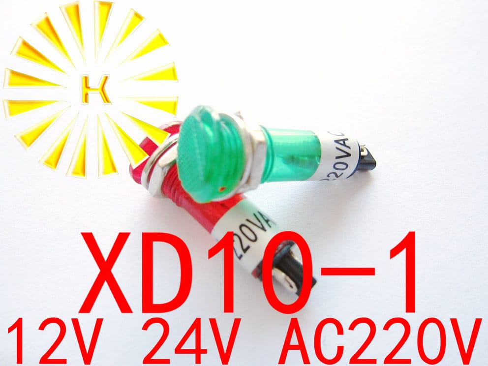 XD10-1 Signal Lamp Red Green Yellow 12V 24V AC220V 10mm Plastic Mini Indicator Light Power LED Light Beads x 100PCS