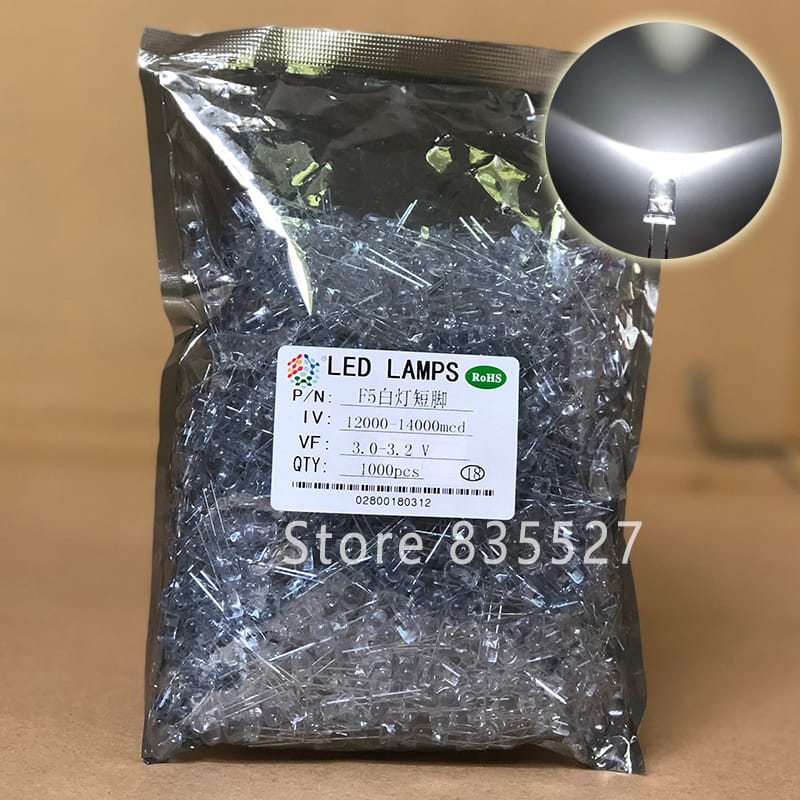1000pcs / LOT F5 5MM Round LED Water and Clear White Super Bright LED light emitting diode Kit DIP Lamp beads