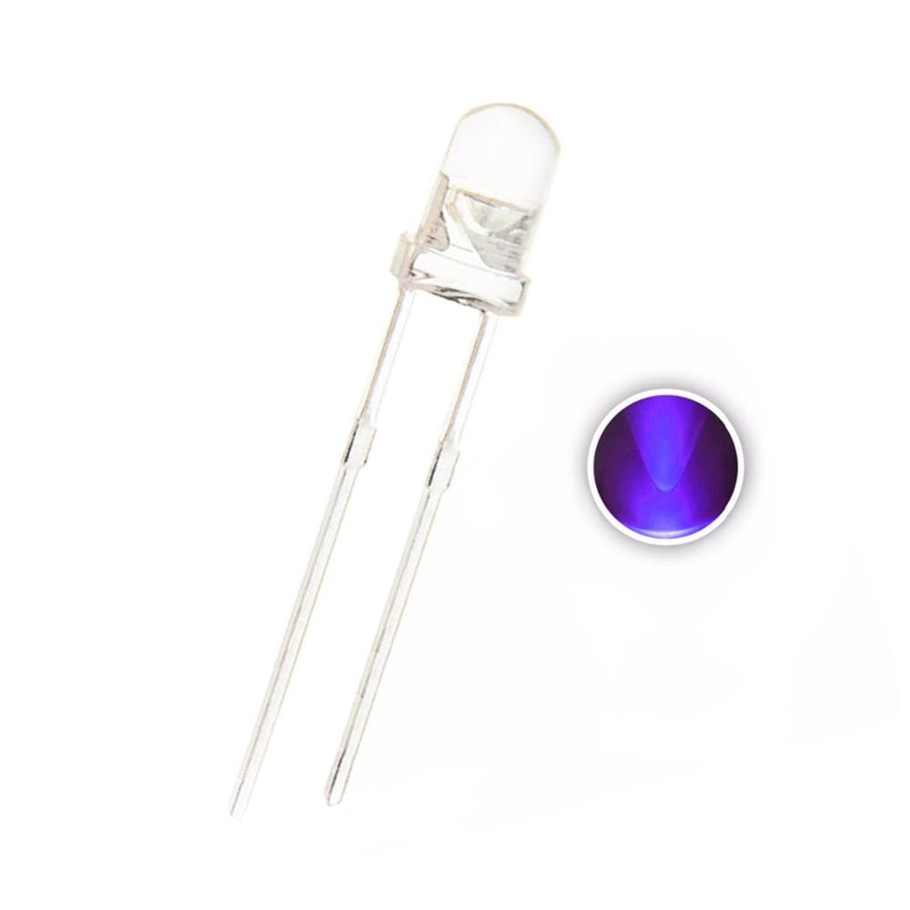 100PCS, F3 3MM Purple DIP LED , Water Clear, Short Pins, Round 395-400nm 3.2-3.4v 100-200mcd  F3 Violet UV LIGHT BEADS