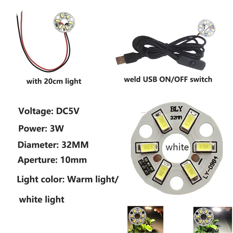 DC5V Φ32mm 3W SMD 5730 LED Light Beads Lamp Board Welded 2M Black USB ON/OFF Switch Line Warm White Light
