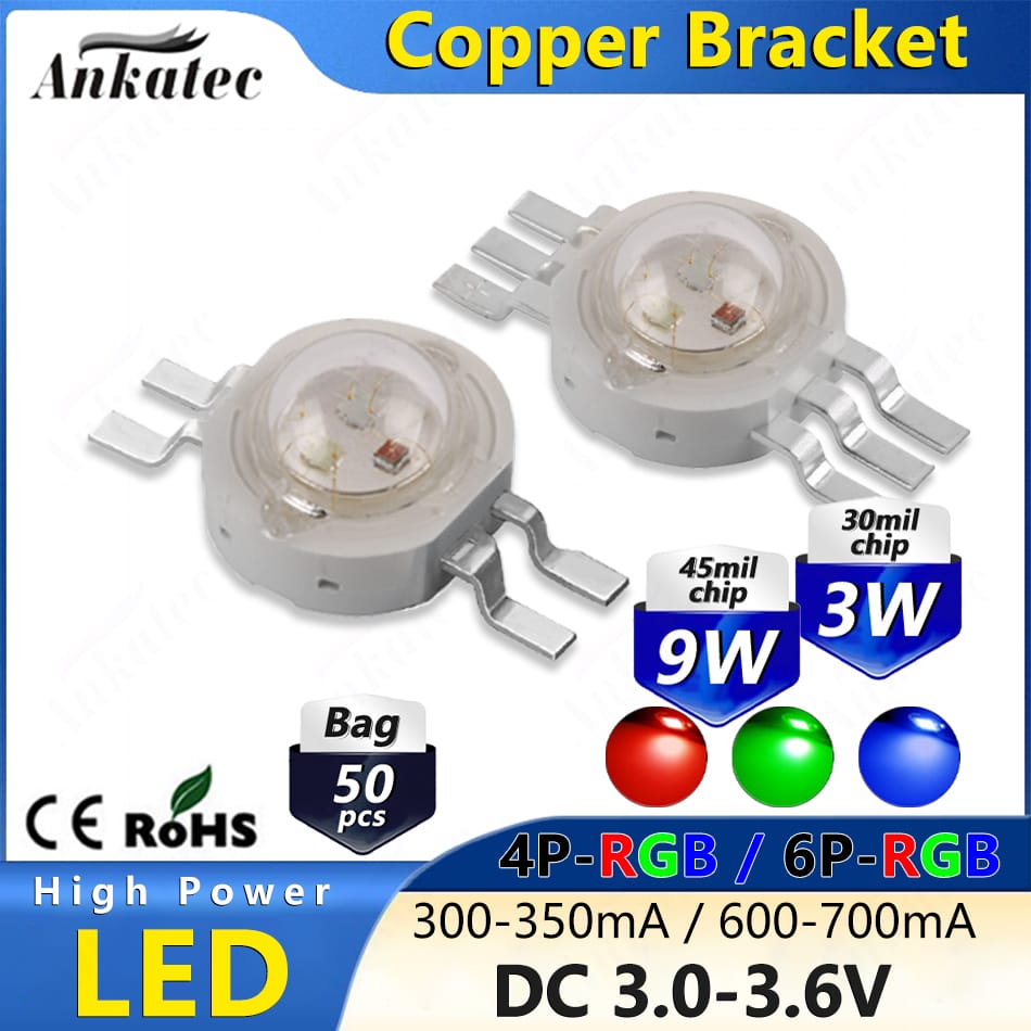 50 Pcs 3W 9W High Power LED Chip Lamp Bead RGB 4 or 6 pin 1W 3W Each Color  Super Bright 3 in 1 Light Emitter Diode for DIY Lamp