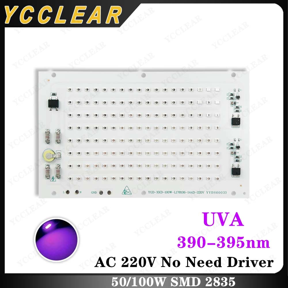 High Power 50W 100W UVA 395nm LED Light Source Board Drive-Free AC 220V SMD 2835 COB Ultraviolet Lamp Beads For Curing Lamps