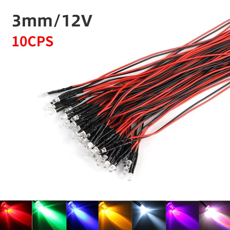 10PCS 3mm Pre wired LED Round Light Lamp Bulb Chip Beads Cable DC 12V 20cm White Decoration Light Emitting Diodes Pre-soldered