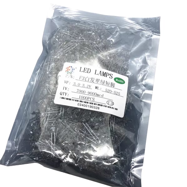 1000PCS F3 3MM True Green DIP LED Water Clear Short PIN Round 520-525NM 3.0-3.2V 7000-9000MCD Pure Green Light Beads