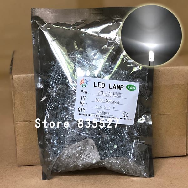 1000PCS/LOT F3 3MM Round Transparent Shell Nature White LED Light-emitting Diodes Water Clear For DIY Light  lamp beads DIP