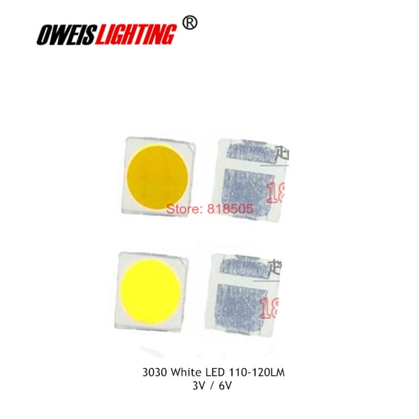 50PCS, 3030 WHITE SMD LED, 110-120LM, 6000-6500k, 3V, 300mA, Bright Light Bead Lamp