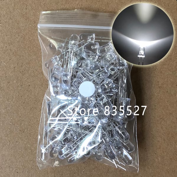 100pcs / LOT  F5 5MM Round LED Water and Clear White Super Bright LED light emitting diode Kit DIP Lamp beads