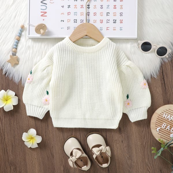 Suefunskry Little Girls Winter Sweater Toddler Sweet Crew Neck Long Lantern Sleeve Embroidery Flower Pattern Knit Pullovers Tops