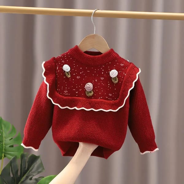 Girls Baby Pullover Sweater Autumn Round Neck Long Sleeve Knitwear Princess Style Bottom Outerwear Children's Sweater