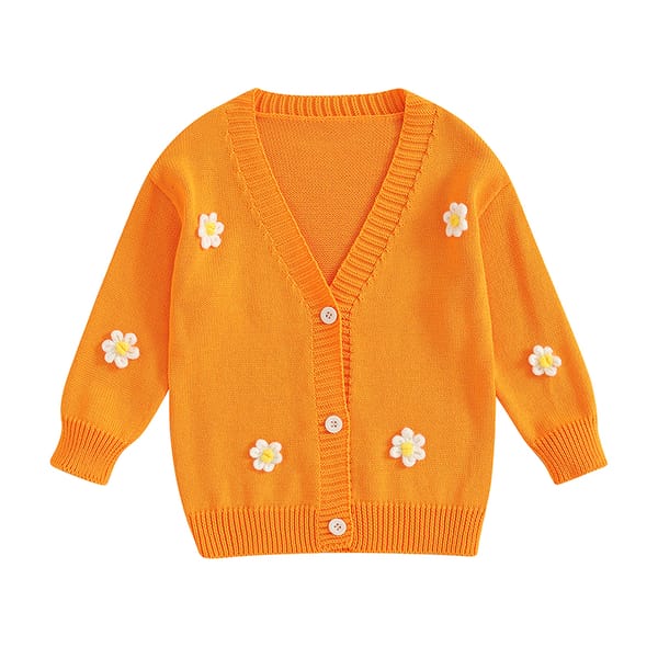 Girls Autumn Winter Knit Sweater Long Sleeve V Neck Flower Embroidery Button Up Knitwear Cardigan