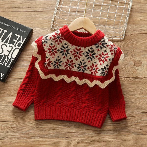 Girl Baby Red Sweater 2024 New Autumn Children's Flower Embroidered Round Neck Knit Pullover Cute Actively Christmas Sweater 2-7