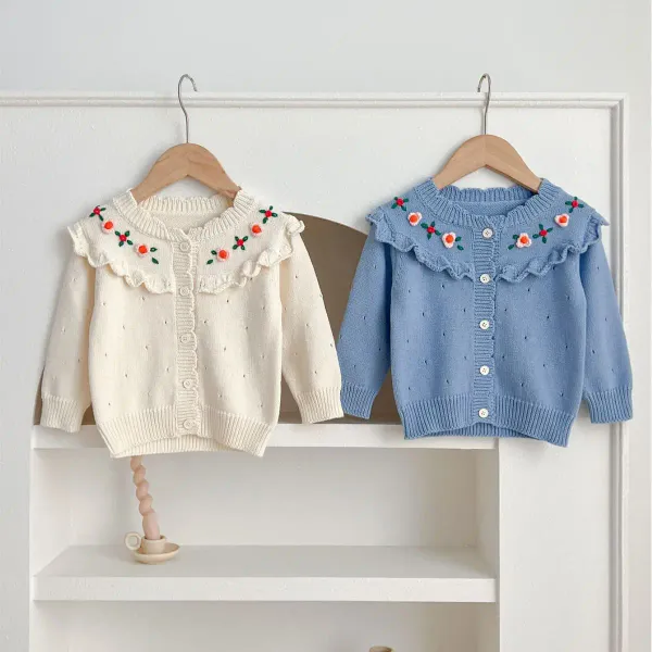 Fashion Autumn Winter Baby Girls Knitted Sweaters White Blue Flower Decorated Collar Hollow Out Coats Cardigans baby sweater