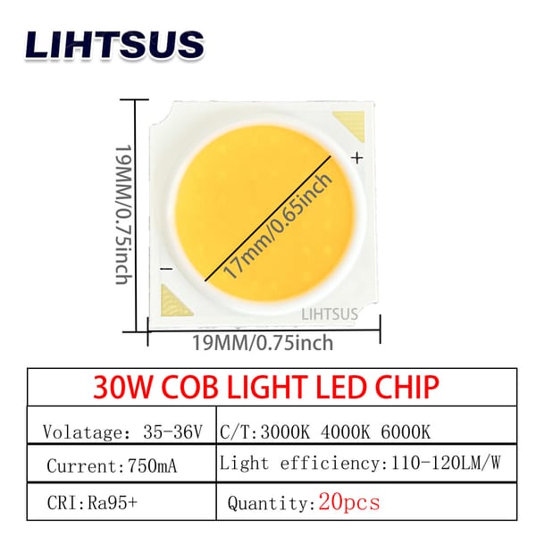 Cob Led Chip Led 20Pcs COB Light Beads 3000K branco quente ou 6000K branco puro 95 Cri Decoration Lamp 36V 750mA DIY LED Lights
