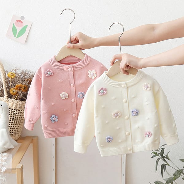 Princess Baby Girls Knit Cardigan Long Sleeve O Neck Button Closure Sweater Jacket 3D Flower Autumn Winter Warm Knitwear