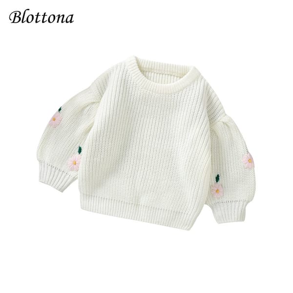 Blotona Little Girl Winter Sweater Toddler Casual Crew Neck Long Lantern Sleeve Embroidery Flower Pattern Knit Pullovers Tops