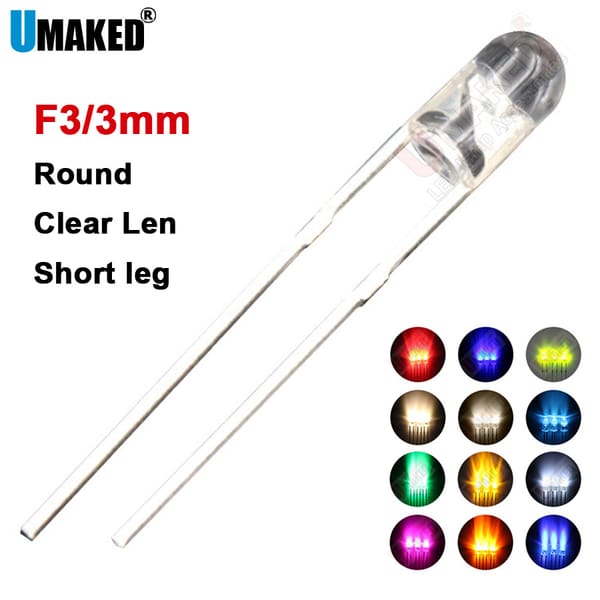 1000PCS 3mm Clear LED round lamps diodes chip 3.2-3.4v 20mA light beads F3 led Emitting diodes WW/W/R/G/B/Y Lighting DIY lamp