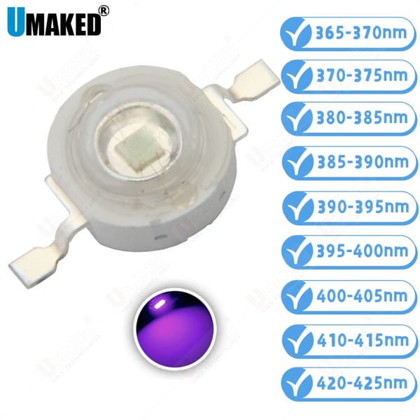 10pcs 3W UV High Power LED Light Beads Ultra Violet Purple LED Chip 360nm 365nm 370nm 380nm 390nm 395nm 400nm 405nm 430nm