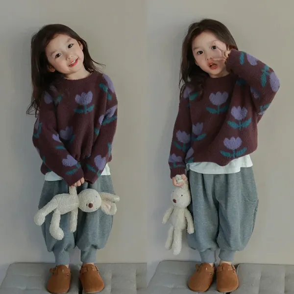 Children Clothing Girls Sweater 2023 Autumn and Winter New Korean Style Tulip Flower Pullover Sweater Fashion Stylish Top