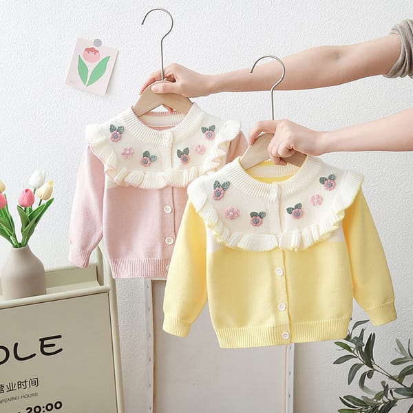 2024 New Spring Baby Knitted Cardigan Korean Style Girl Embroidered Flower Pearl Ruffle Round Neck Thick Sweater Fresh Sweet Top