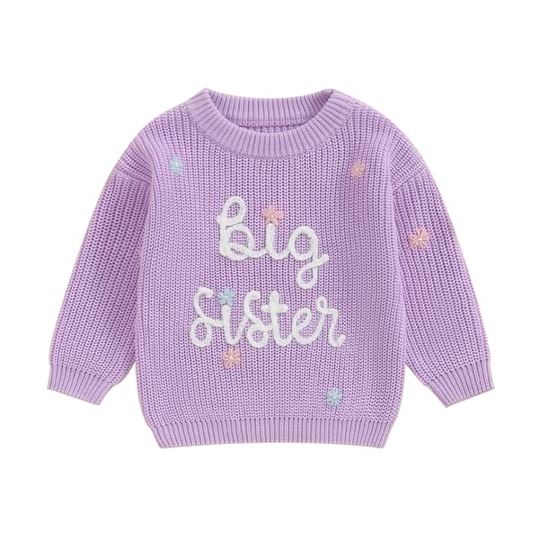 Little Baby Girls Casual Sweater Big Sister Letter Flower Embroidery Long Sleeve Knitwear Round Neck Fall Winter Pullover