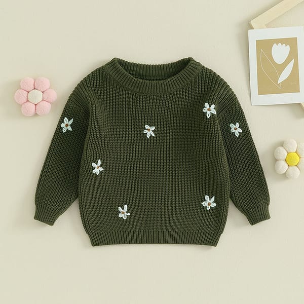 Toddler Baby Girl Boy Knit Sweater Cute Flower Embroidery Crewneck Pullover Sweater Long Sleeve Knit Newborn Infant Sweaters