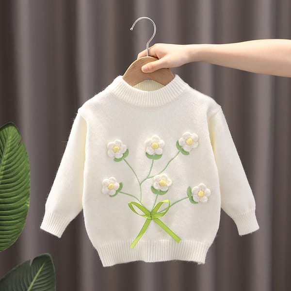Sweater Girls Autumn Spring New Knitwear Round Neck Knitwear Long Sleeved Flower Childrens Clothing Flower Shape