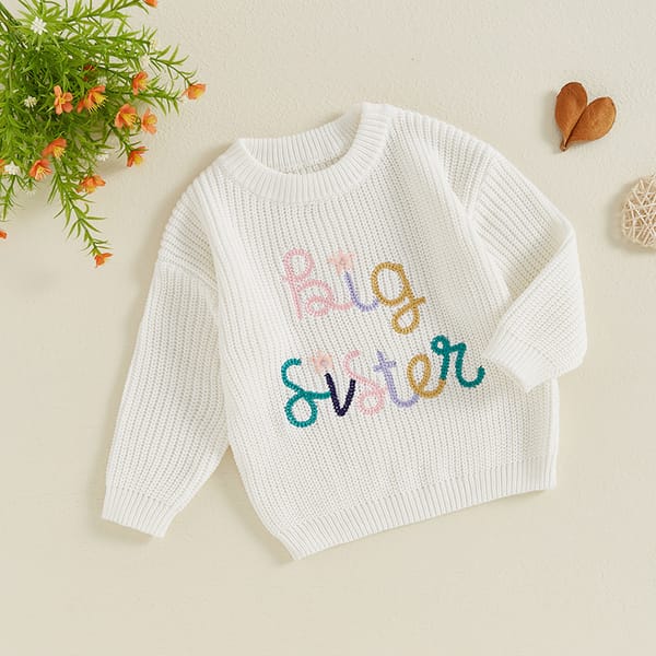 Suefunskry Little Baby Girls Fall Winter Knitted Sweater Casual Letter Flower Embroidery Crew Neck Long Sleeve Pullover Tops