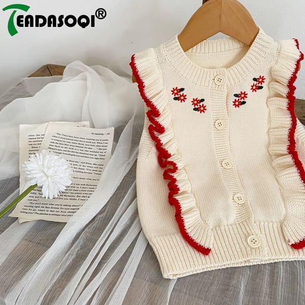 2023 Autumn/Spring Kids Baby Girls Sleeveless Ruched Embroidery Flower Knitted Top Cardigan Toddler Children Sweater Vest 0-3Y