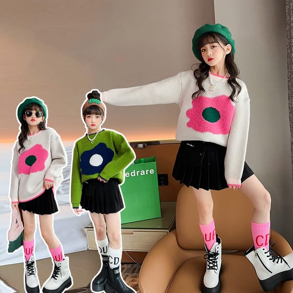 Fashion Kids Knitwear Teens girls' Clothing autumn and winter sweater flowers thickened thermal sweater Warm Children's Sweater