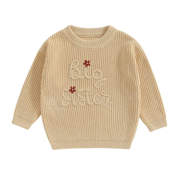 Little Baby Girls Casual Sweater Big Sister Letter Flower Embroidery Long Sleeve Knitwear Round Neck Fall Winter Pullover