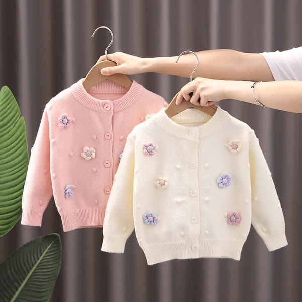 Girl's sweater cardigan new fund of 2023 autumn winters is pure color knit female baby flower jacket with long sleeves sweaters