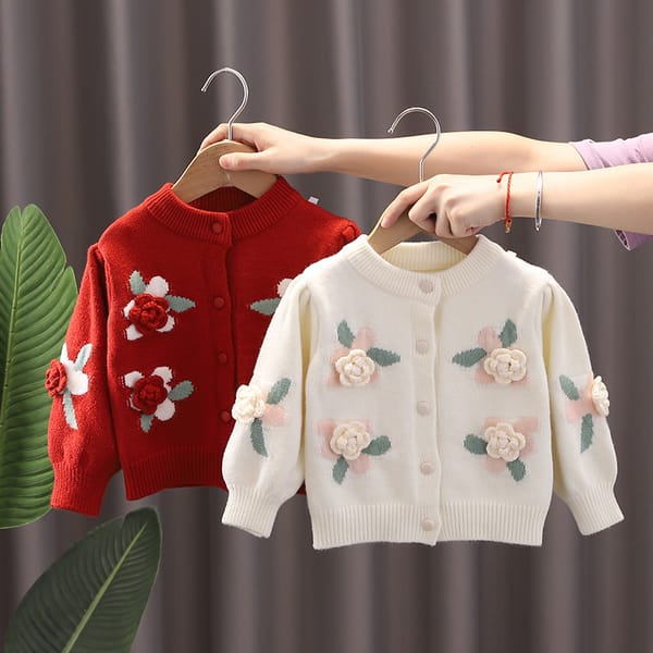 Baby Girls Sweaters Autumn Winter Lovely 3D Flowers Lantern Sleeve Single Breasted Knitted Cardigans Children Knit Outwear Tops