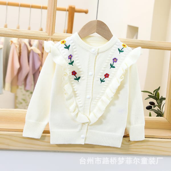 Children's sweater cardigan girl children infants and toddlers wear embroidered small flower round neck long sleeve  new model