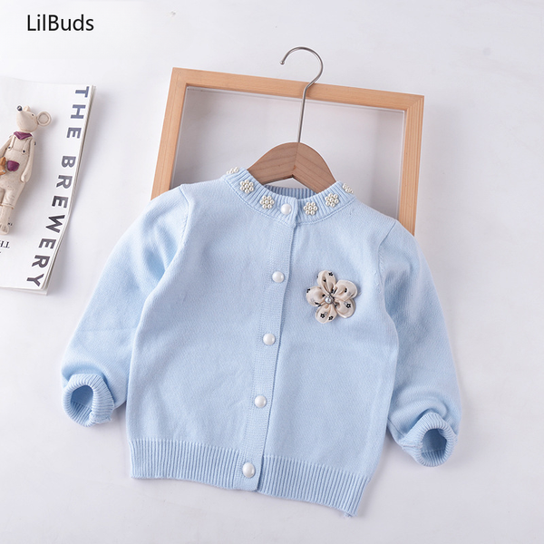 2024 Girls Children Jacket Baby Clothes Cardigan Sweater Bead Flower O-Neck Kids Toddler Coat Outfit Matching Spring Autumn